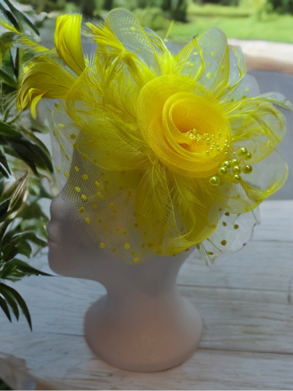Vivid Daffodil Yellow Tulle Flower Feather Pearl Fascinator Headband And Clip